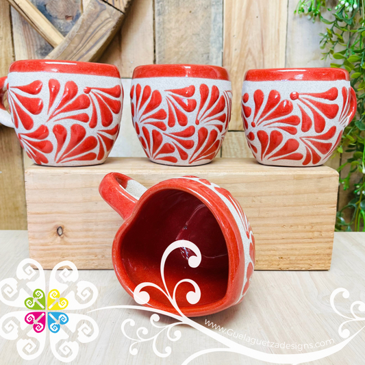 Set of 4 Red Corazon Clay Mugs - Set Taza Barro