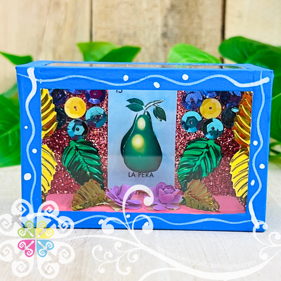 Mini Blue Square LoteriaMX Mexican Box Decor - Cajita Decorativa Barro Cocido