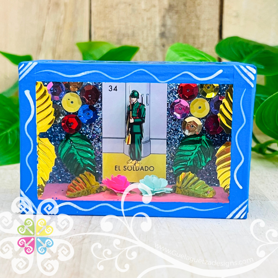 Mini Blue Square LoteriaMX Mexican Box Decor - Cajita Decorativa Barro Cocido