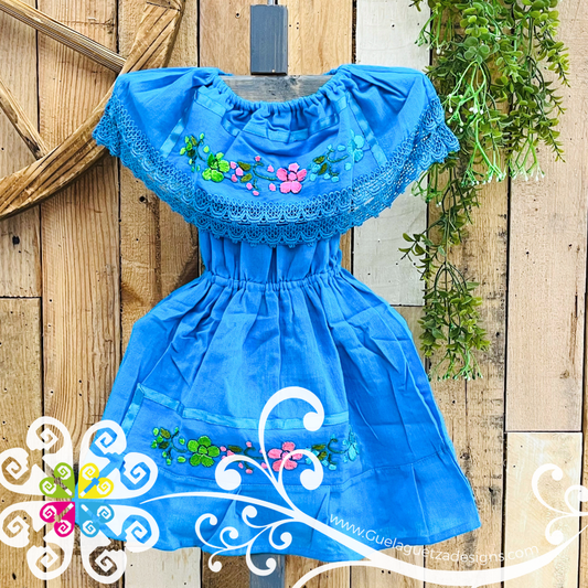 Blue Turquoise Aro Embroider Campesino Children Dress