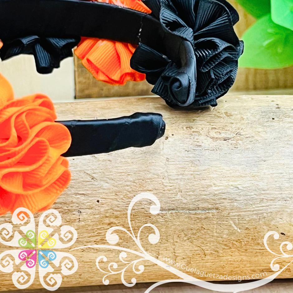 Orange/Black Catrina Ribbon Flower Headband - Folkloric Headband