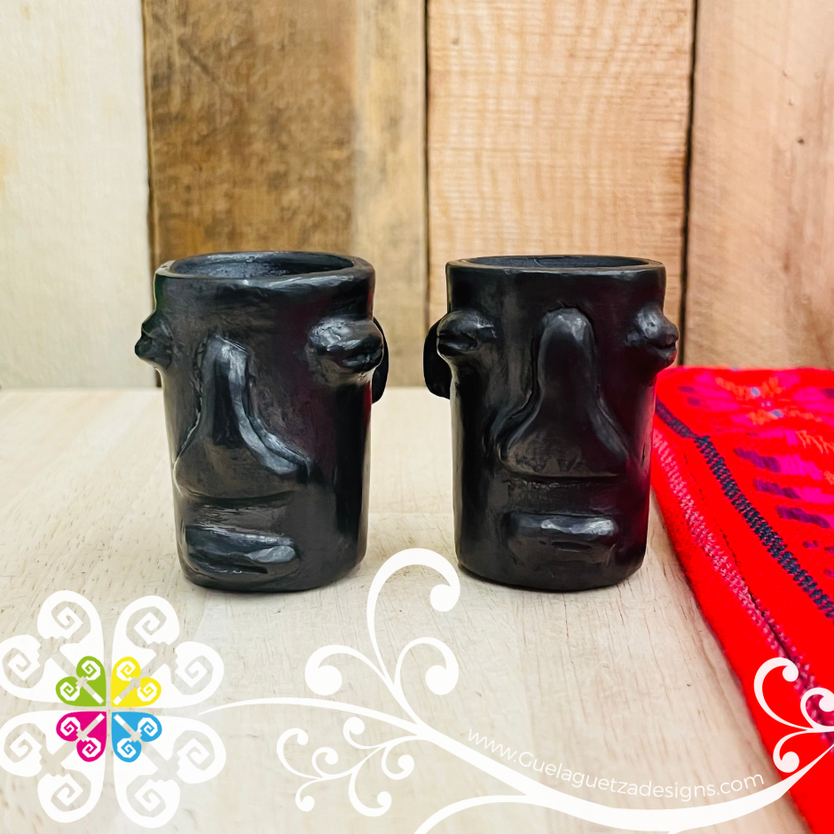 Set of 2 Olmeca Tall Black Clay Shot- Tequilero - Barro Negro Oaxaca