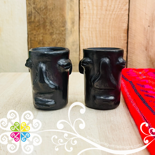 Set of 2 Olmeca Tall Black Clay Shot- Tequilero - Barro Negro Oaxaca