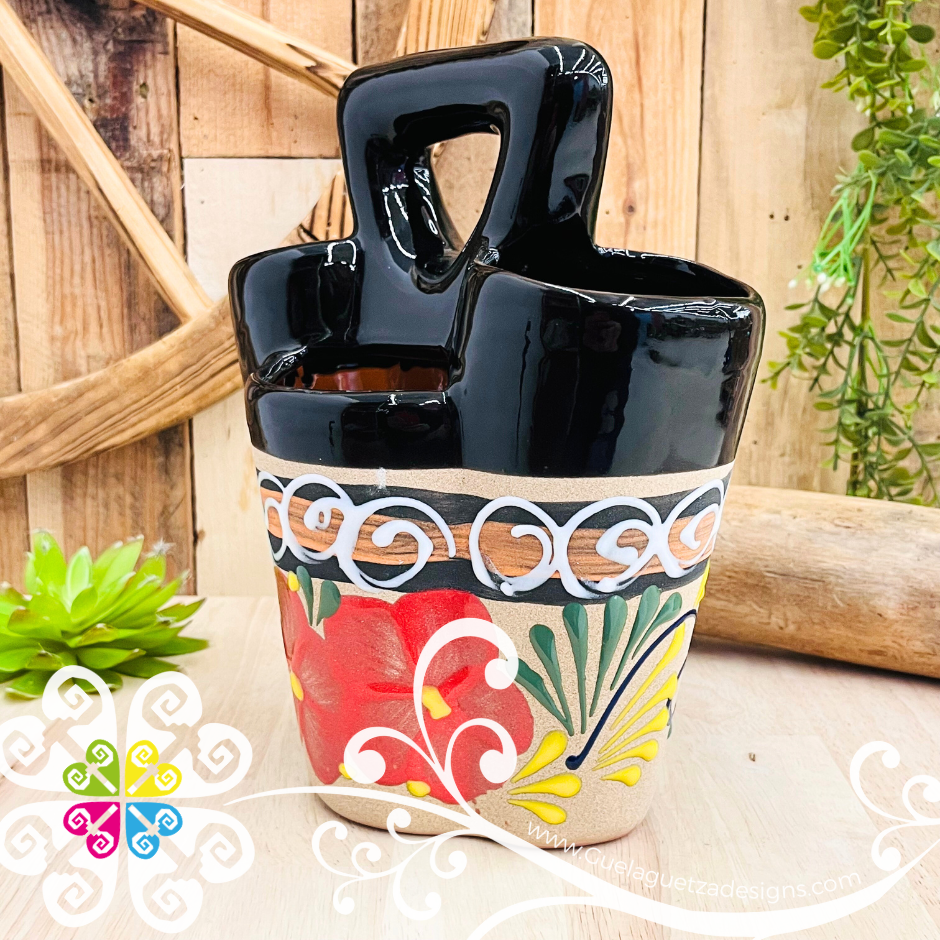 Black Flores Clay Utensil Holder - Spoon Holder