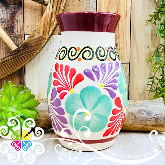 Maroon Florero Ovulo Floreado - Mexican Home Décor