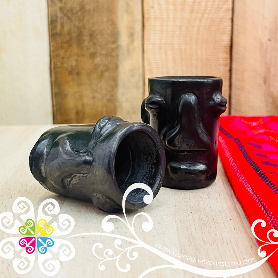 Set of 2 Olmeca Tall Black Clay Shot- Tequilero - Barro Negro Oaxaca