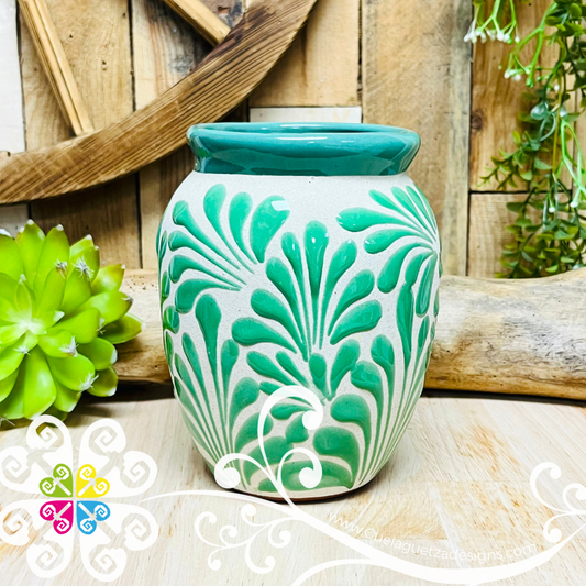 Teal Espiga Plumeado Bola Clay Vase - Florero Barro