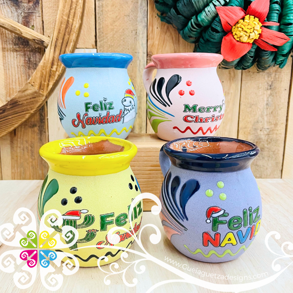 Set of 4 Multicolor Feliz Navidad Mexican Clay Mugs - Set Taza Barro