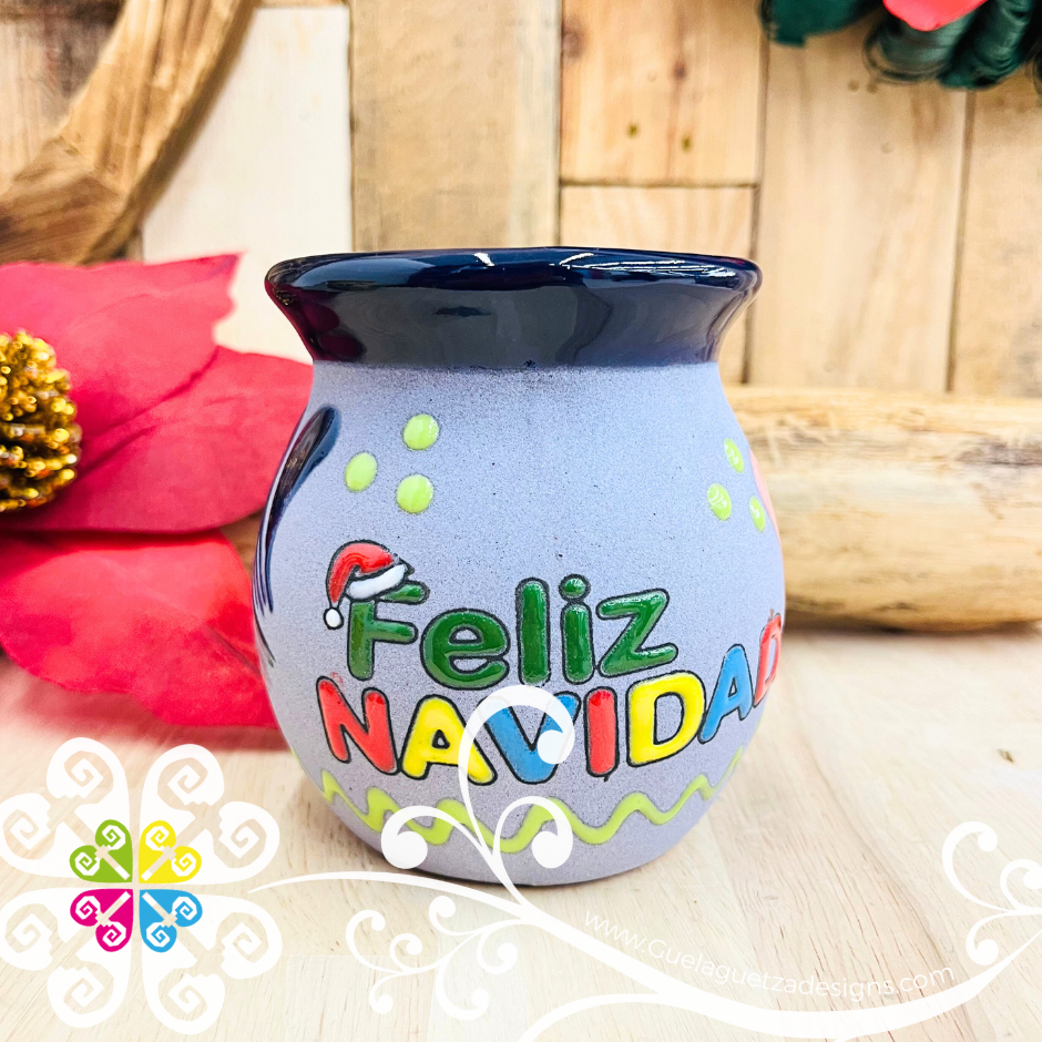 Set of 4 Multicolor Feliz Navidad Mexican Clay Mugs - Set Taza Barro