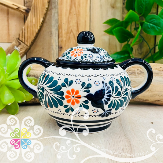 Navy Blue Orange Flowers Sugar Bowl Colibri Alta Temperatura - Barro Alta Temperatura