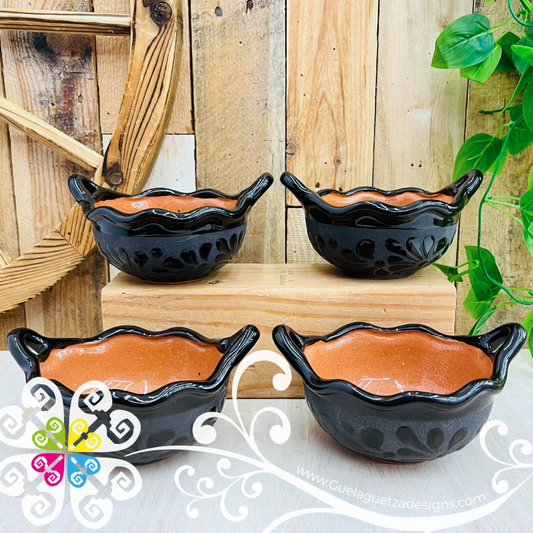 Set of 4 Small Black Espiga Cazuelita Clay Bowl