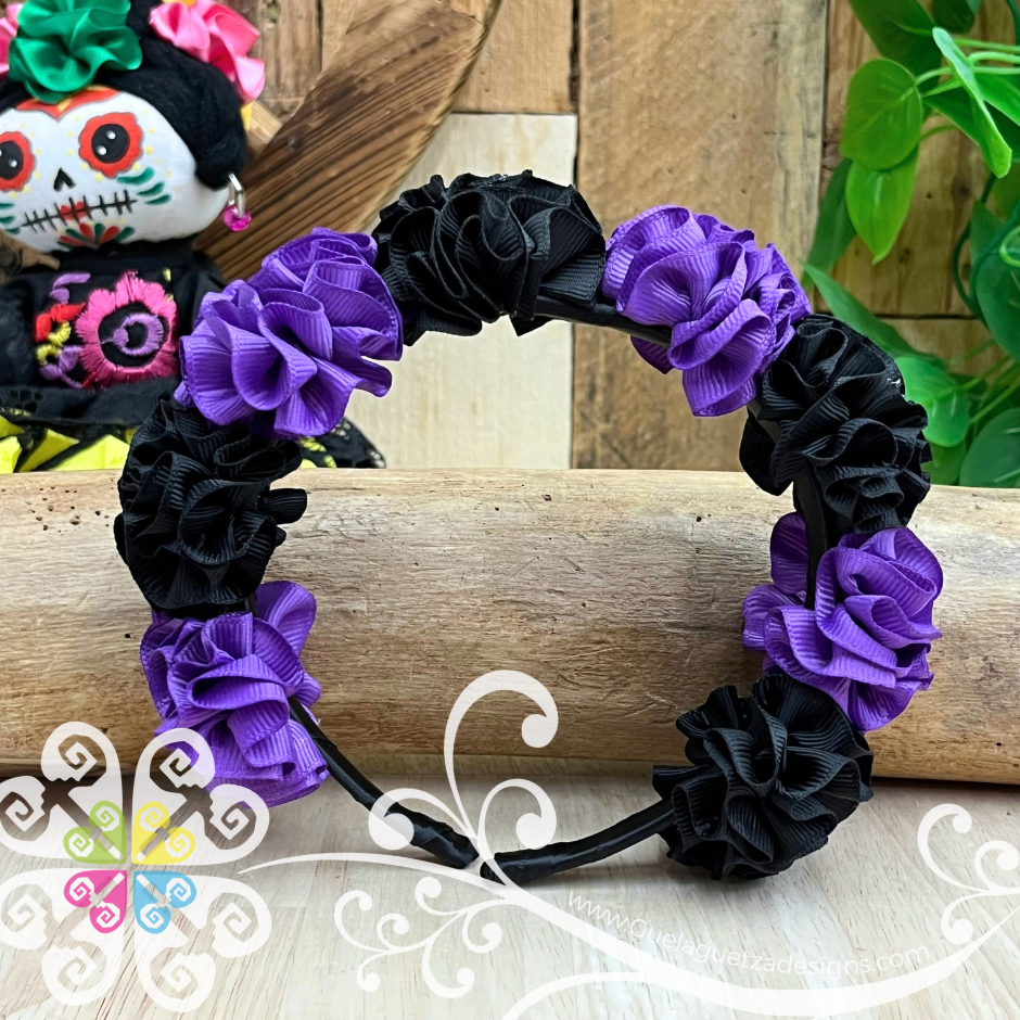 Purple/Black Catrina Ribbon Flower Headband - Folkloric Headband