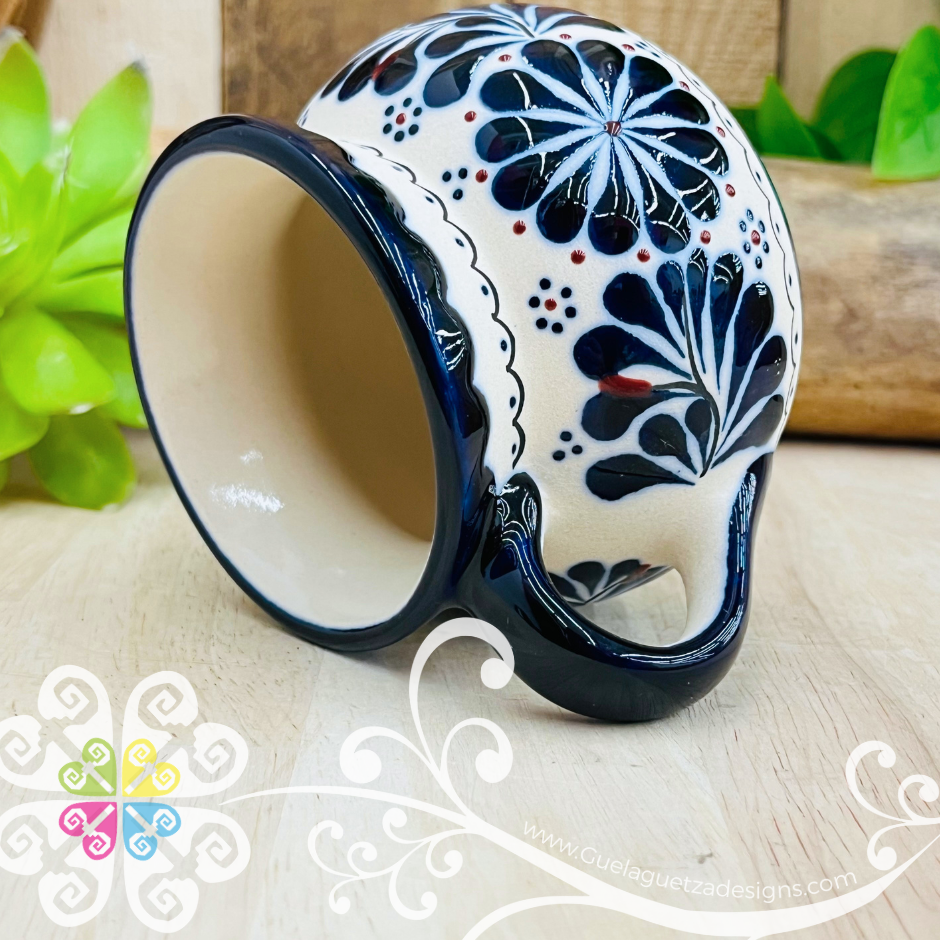 Small Navy Blue Flowers Taza Ponchera Colibri - Barro Alta Temperatura - Single Clay Mug