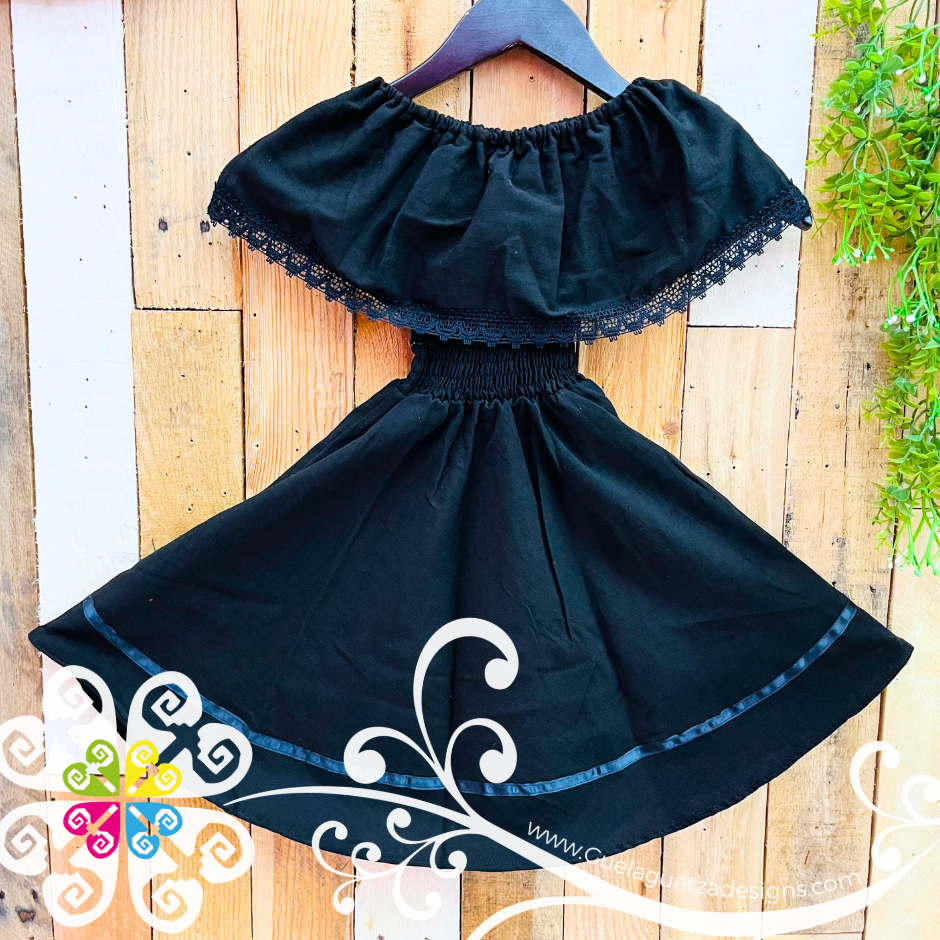 Black Tehuana Embroider Campesino Children Dress