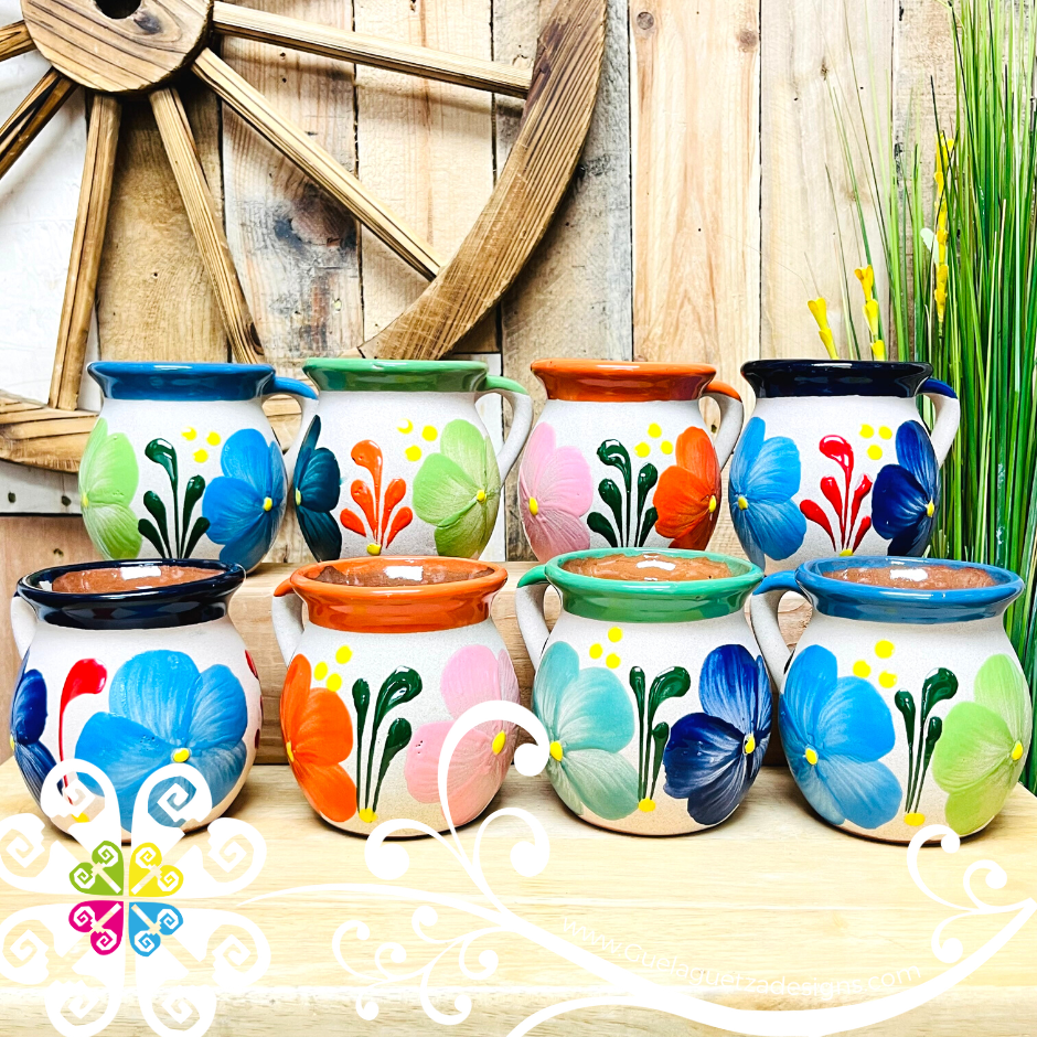 Set of 8 Decorated Mexican Clay Mugs - Jarrito Mexicano – Guelaguetza  Designs