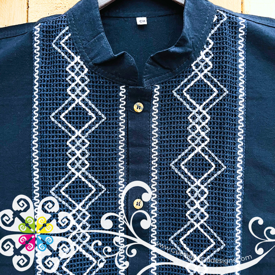 Navy Blue Lace Men Guayabera - Men Shirt