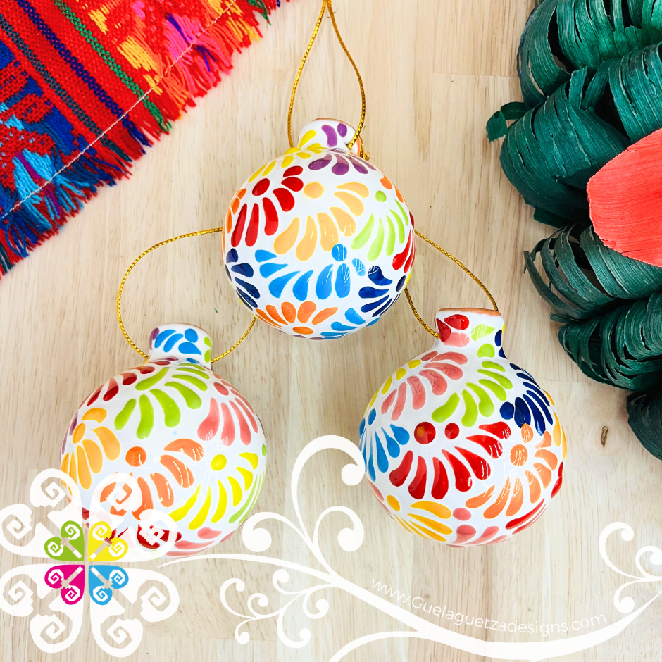 White With Multi Puebla Ornaments - Talavera Christmas Ornaments