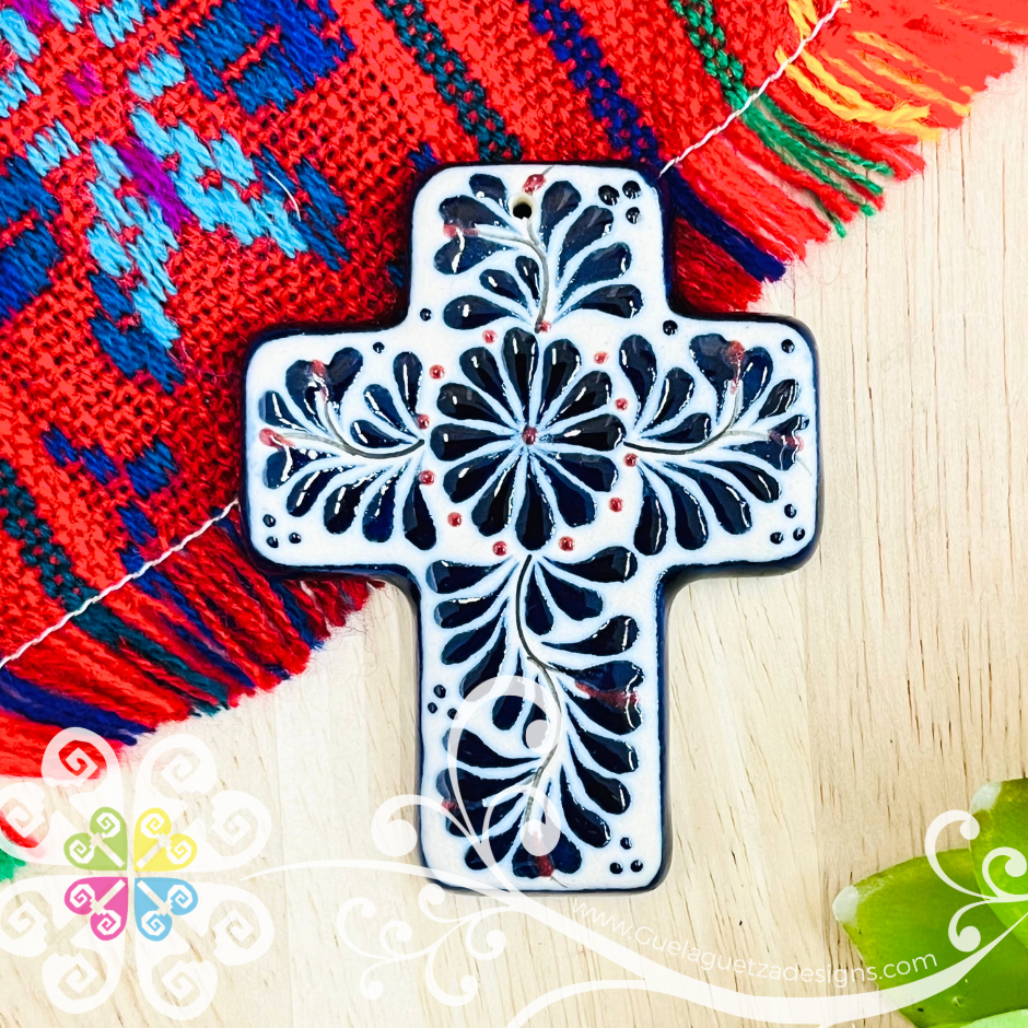 Mini Navy Blue Flower Cross - Barro Alta Temperatura - Home Wall Decor