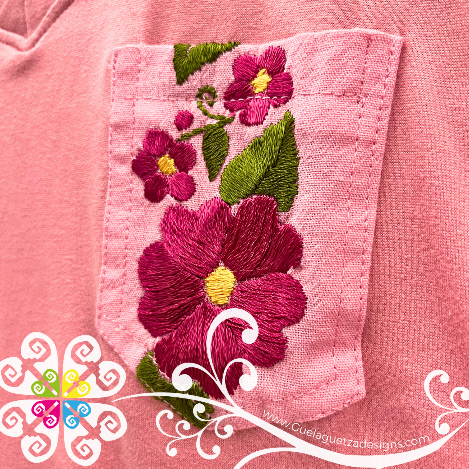 Pink Flor Aro Embroider Women Tee - Pocket Embroider