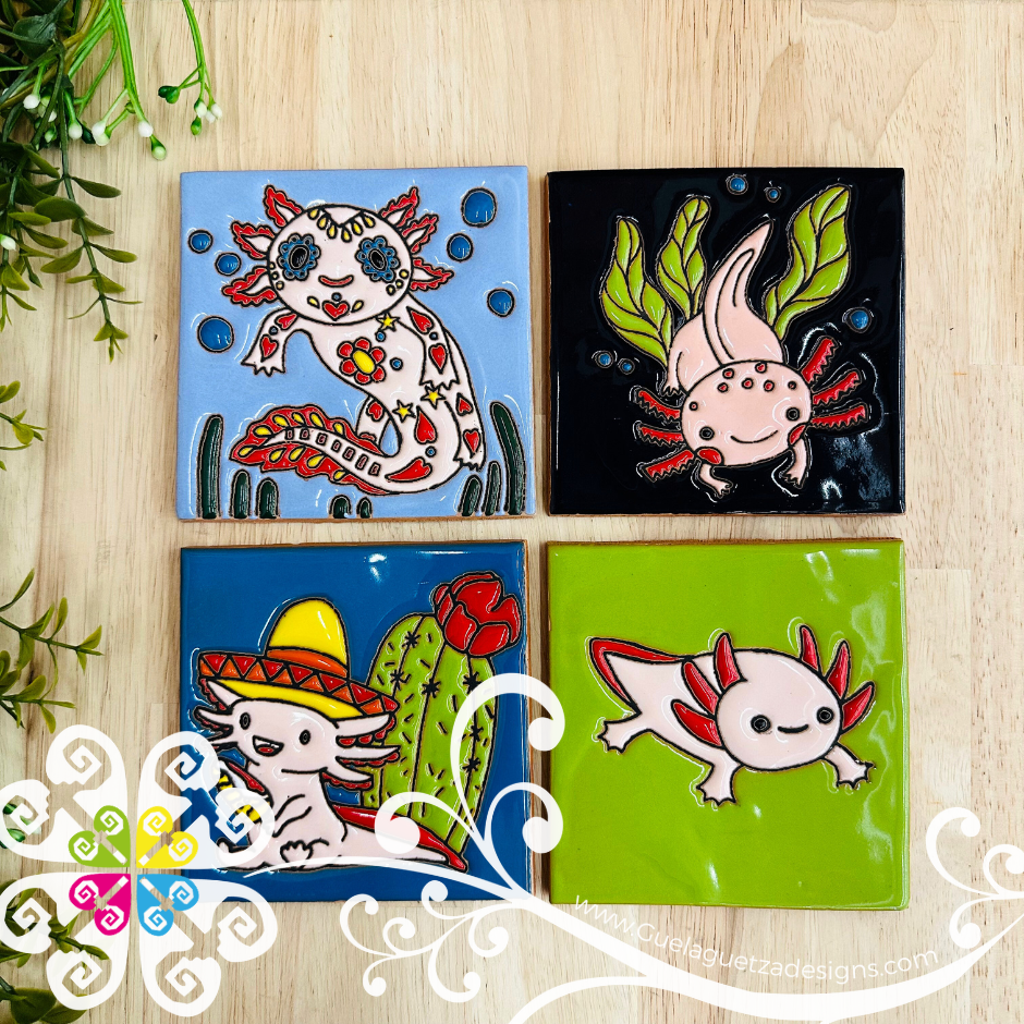 Set of 4 Axolotl Coaster Set -  Set of Clay Coasters