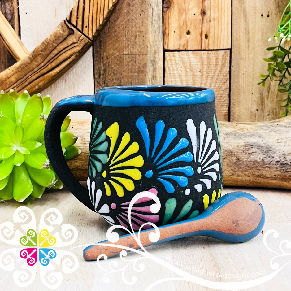 Blue With Multicolor Clay Mug with Spoon - Taza Espiga con Cuchara