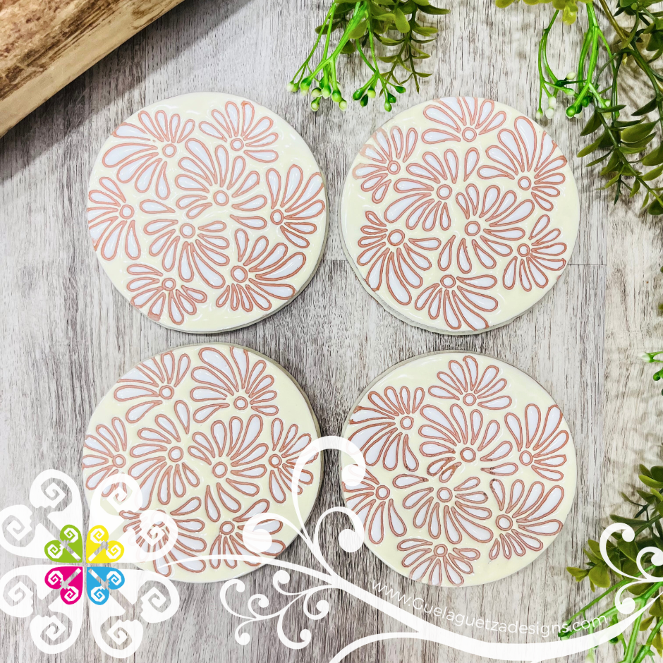 Set of 4 Round Plumeado Coaster Set -  Set of Clay Coasters