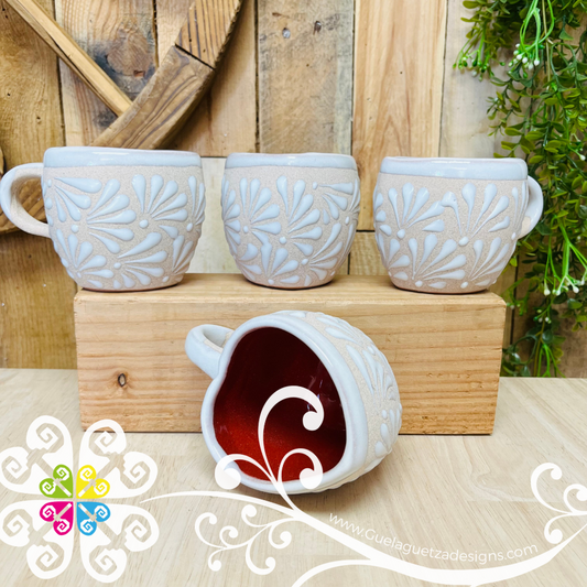 Set of 4 White Corazon Clay Mugs - Set Taza Barro