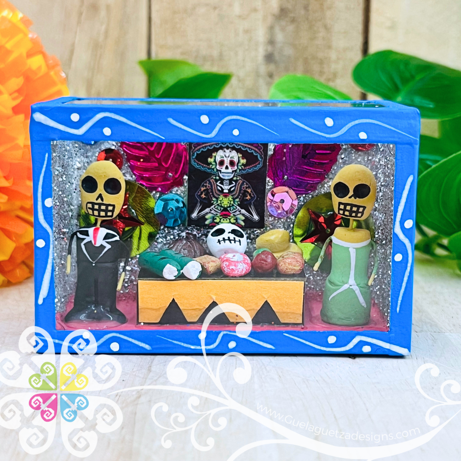 Blue Mini Square Day of Dead Mexican Box Decor - Cajita Decorativa Barro Cocido