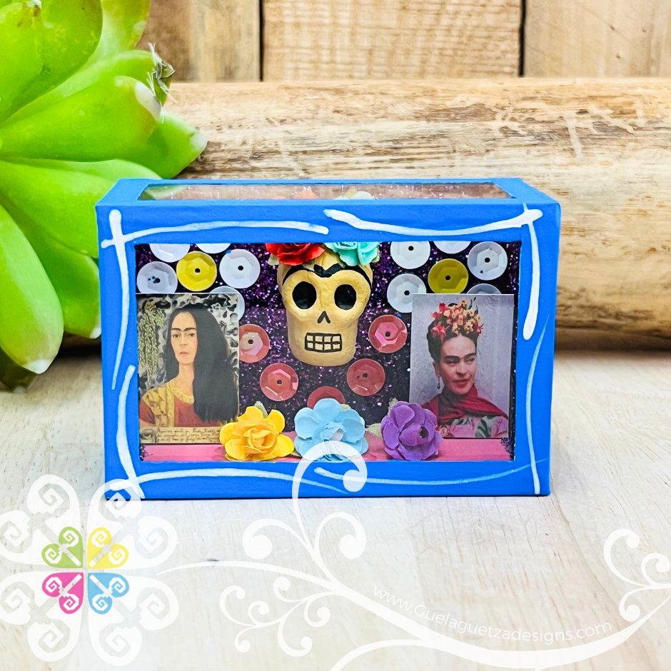 Blue Mini Square Frida Mexican Box Decor - Cajita Decorativa Barro Cocido
