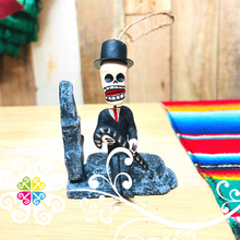 Set of 6 Little Clay Catrina y Catrin Seated On Tomb - Day of the Dead Christmas Ornaments
