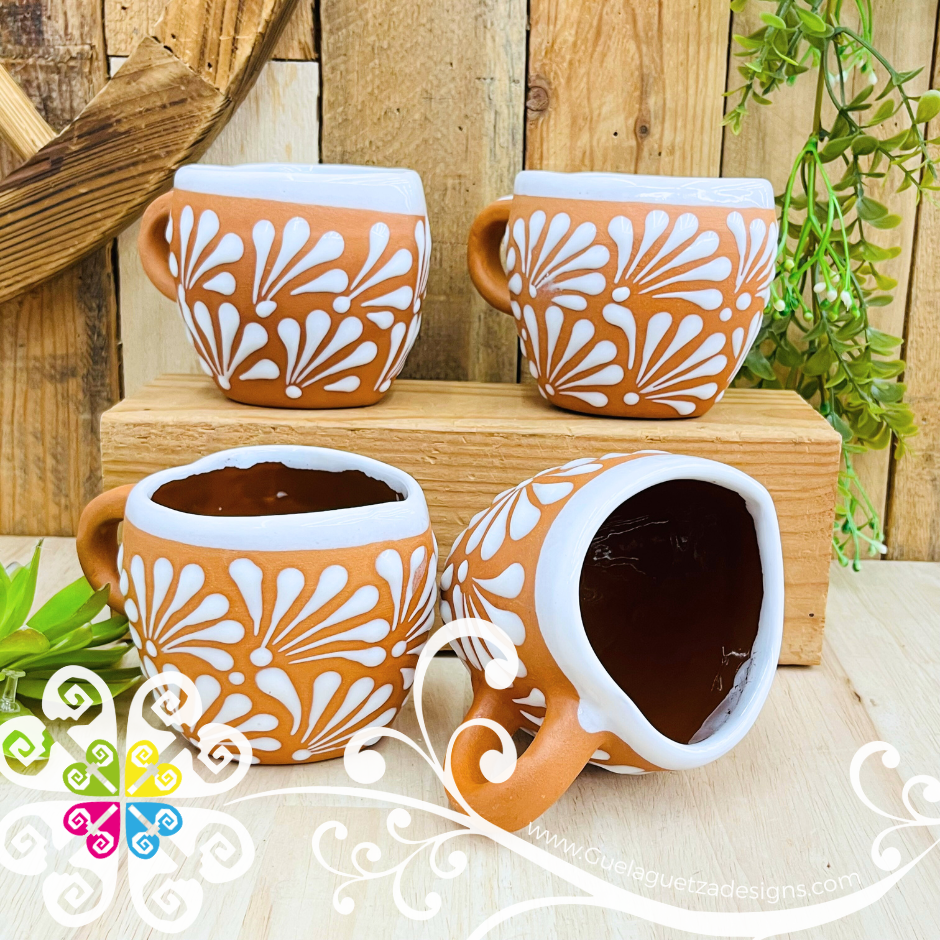 Set of 4 Natural with White Corazon Clay Mugs - Set Taza Barro