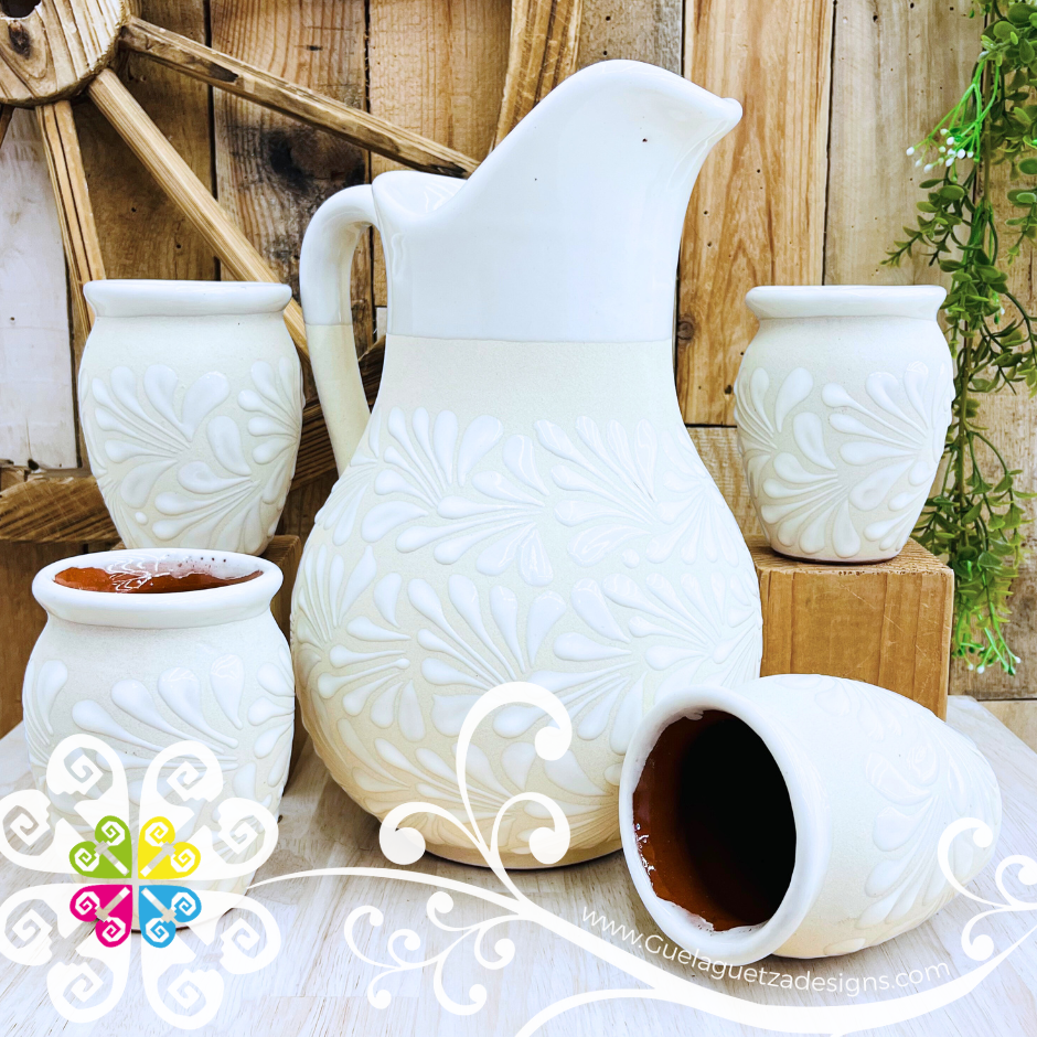 Engobe/White Espiga Pato Pitcher Set - 4 Cantaritos
