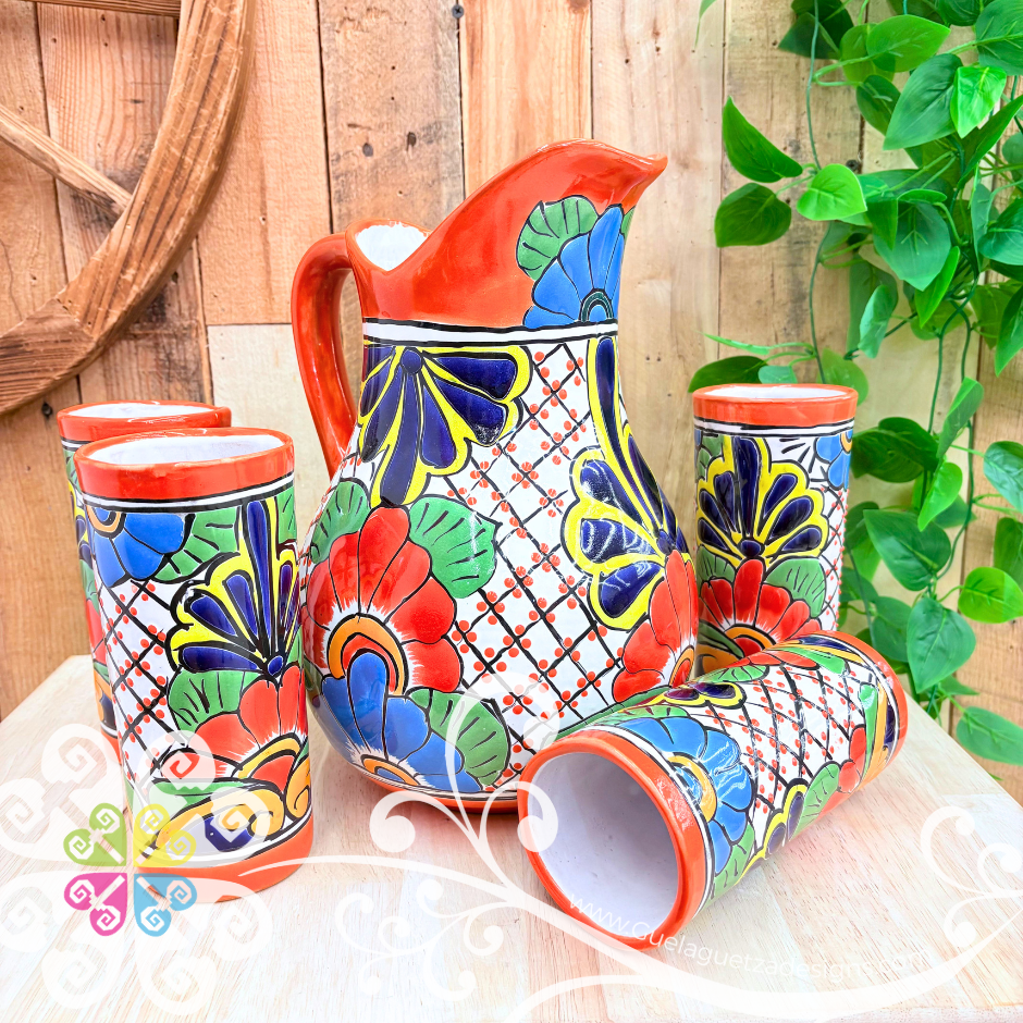 Orange Talavera Clay Pitcher Set - Set Clay Pitcher