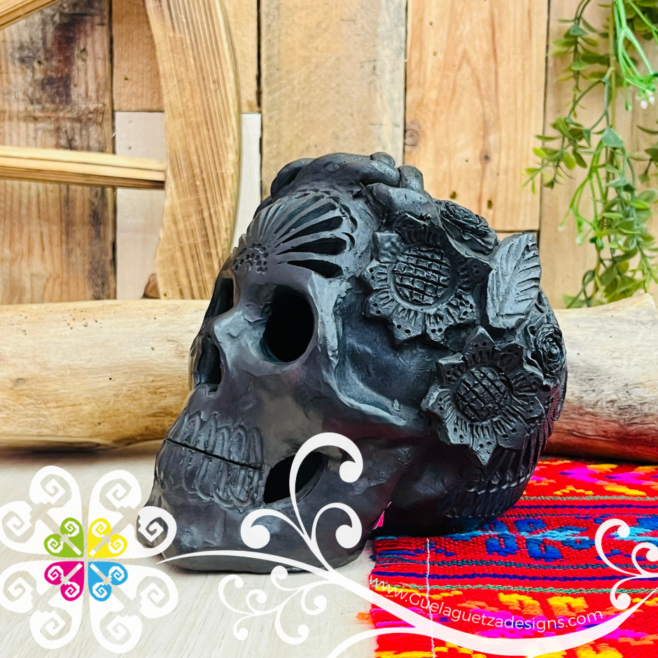 Medium Frida Skull  - Black Clay Oaxaca