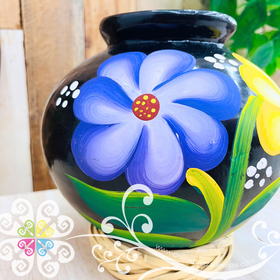 Large Painted Cantarito Black Clay Vase - Barro Negro Oaxaca