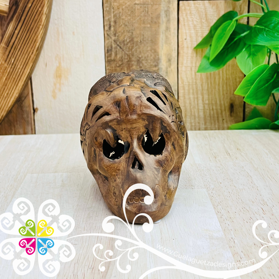 Small Jaguar Warrior Skull Calado Skull  - Barro Café Oaxaca
