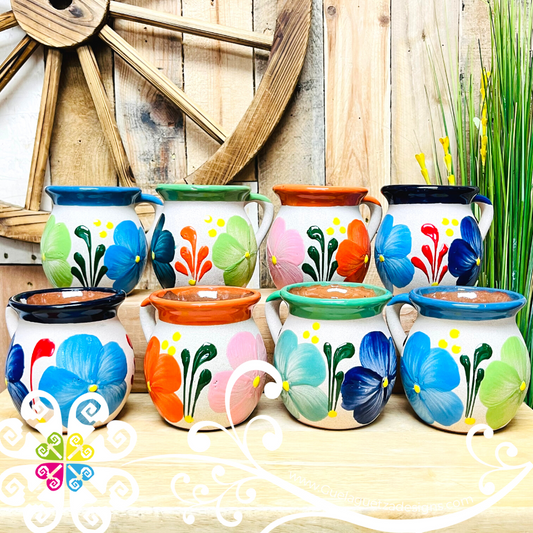 Set of 8 Flowers Decorated Mexican Clay Mugs - Set Taza Barro