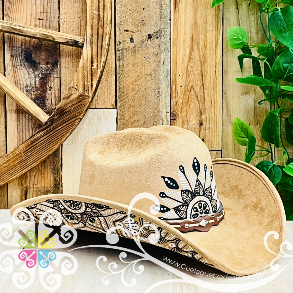 Tan Mitla Cowboy Velvet Hat - Hand Painted Hat