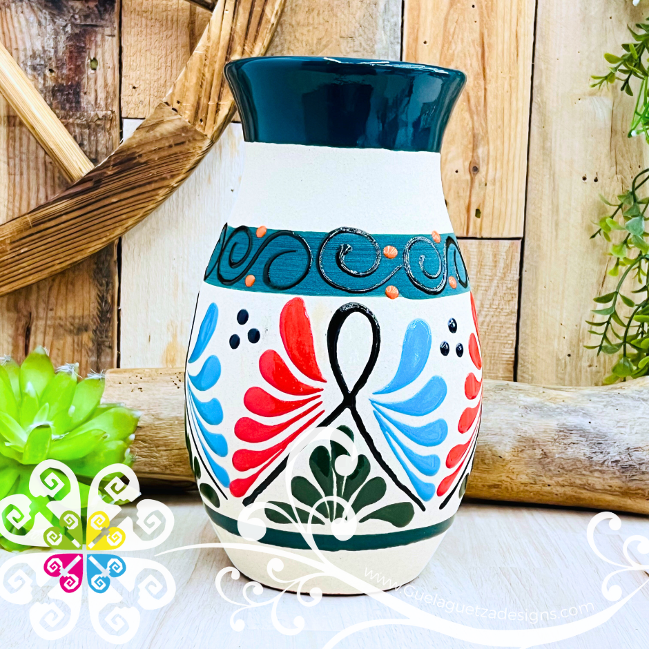 Dark Teal Florero Ovulo Floreado - Mexican Home Décor