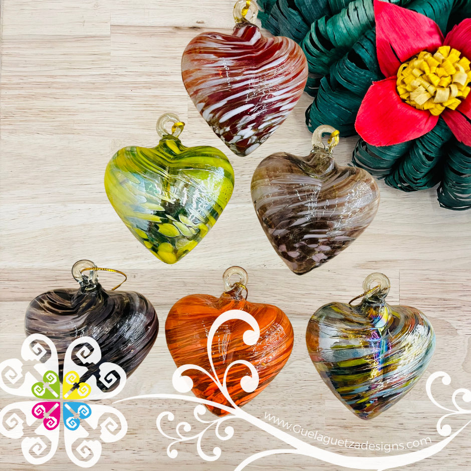 Set of Rainbow Glass Heart Ornaments - Vidrio Soplado