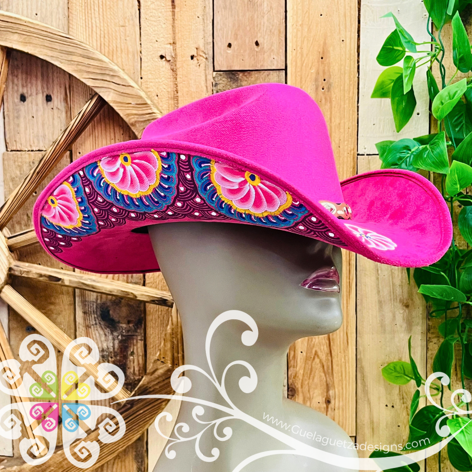 Fuchsia Mitla Cowboy Velvet Hat - Hand Painted Hat