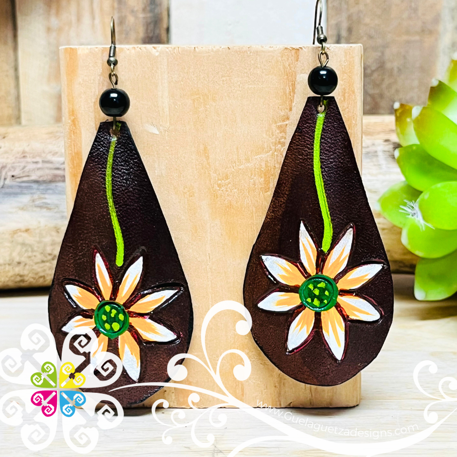 Flower Drop Hand Painted Artisan Leather Earrings
