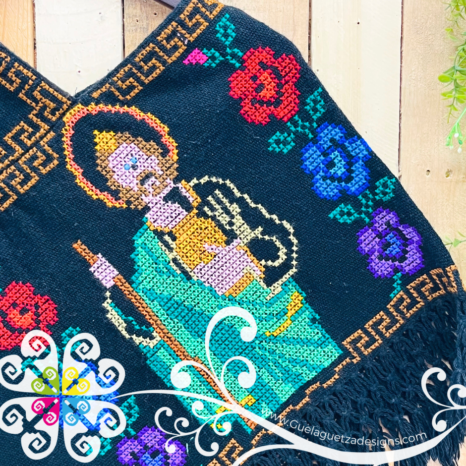 San Judas Design Black Embroider Poncho - Mañanita