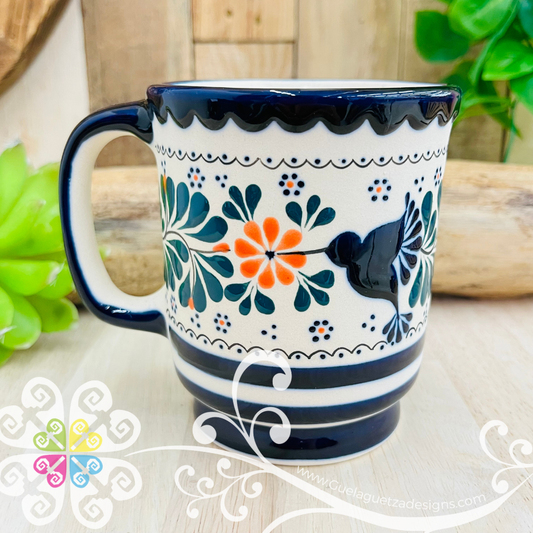 Navy Blue / Orange Flower Taza Capuchino Colibri - Barro Alta Temperatura - Single Clay Mug