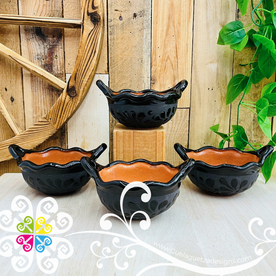 Set of 4 Small Black Espiga Cazuelita Clay Bowl