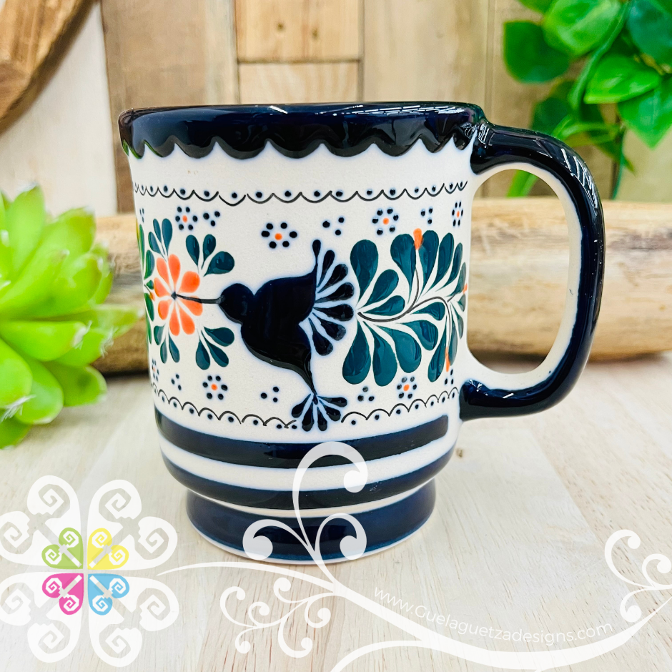 Navy Blue / Orange Flower Taza Capuchino Colibri - Barro Alta Temperatura - Single Clay Mug