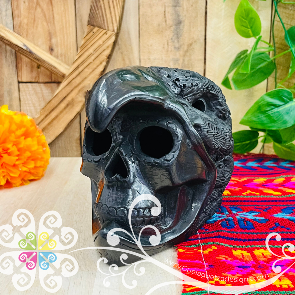 Large Eagle Warrior Skull  - Black Clay Oaxaca