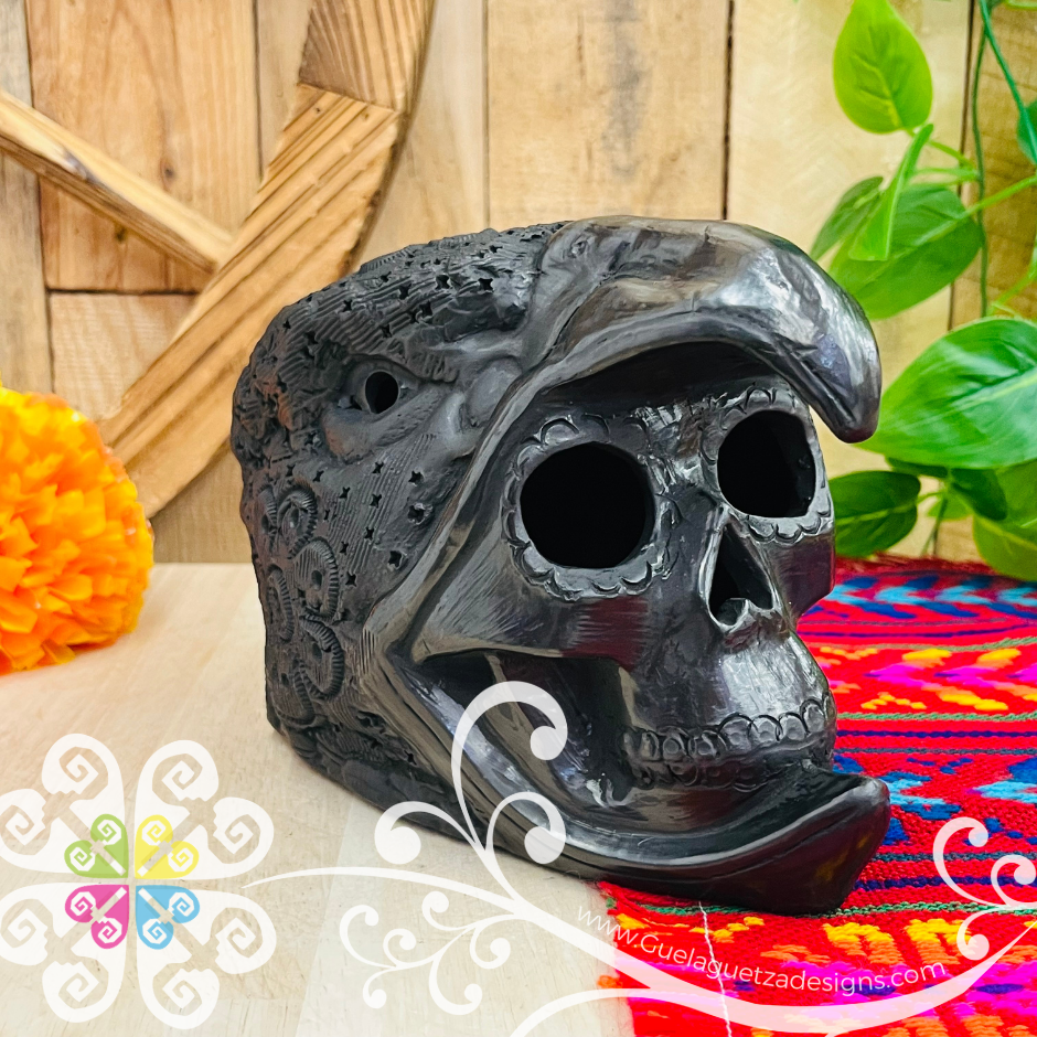 Large Eagle Warrior Skull  - Black Clay Oaxaca