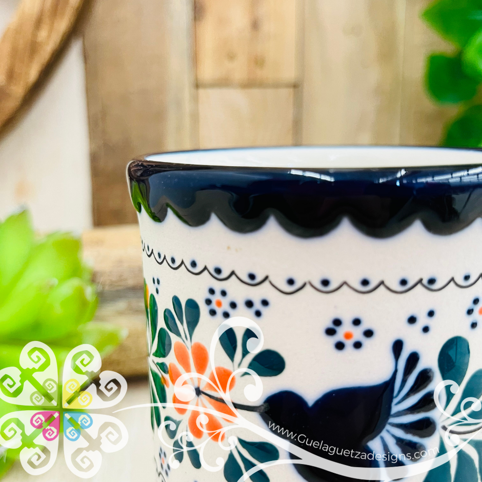 Navy Blue / Orange Flower Taza Capuchino Colibri - Barro Alta Temperatura - Single Clay Mug
