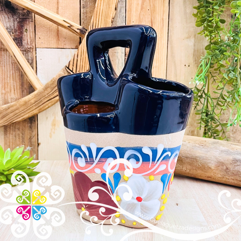 Navy Blue Flores Clay Utensil Holder - Spoon Holder